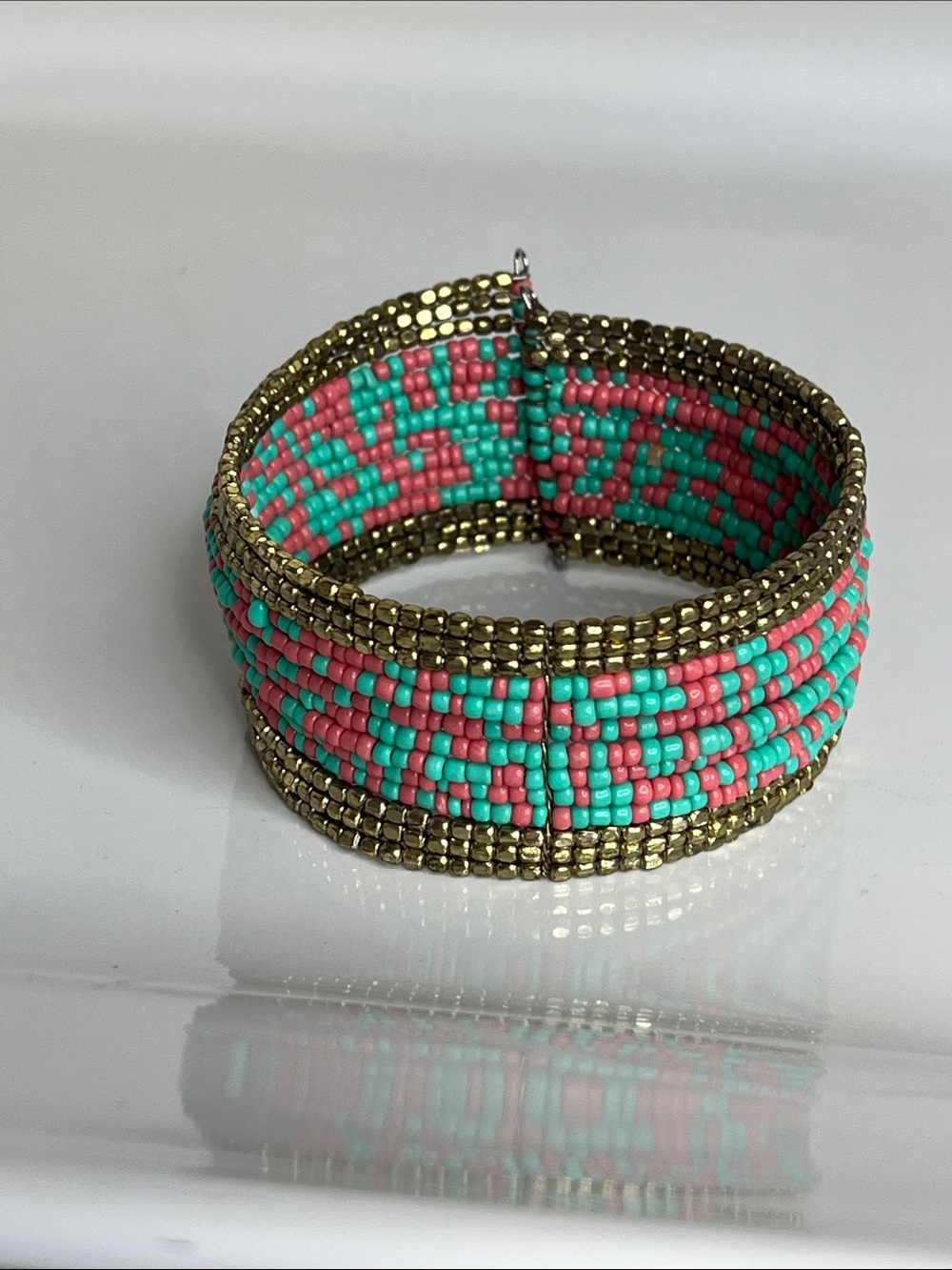 Beaded Turquoise & Coral color Bracelet with Gold Accent, Stretch Wire Opening
